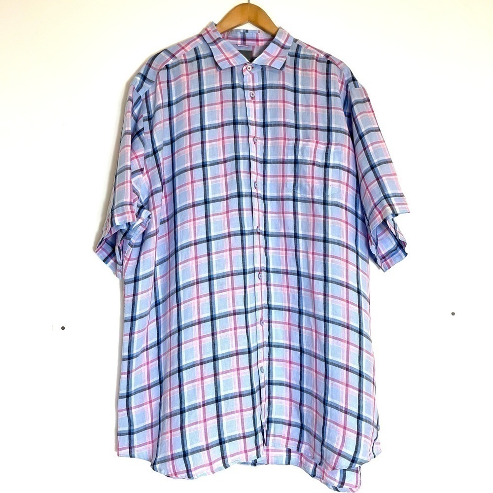Thomas Dean  100% Linen Shirt Blue Pink Plaid Short Sleeve Size XXL